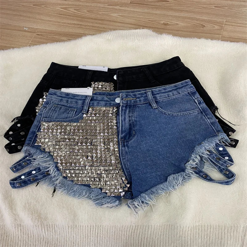 Relaxed Fit High Waisted Denim Shorts With Tassel Accents For Women
