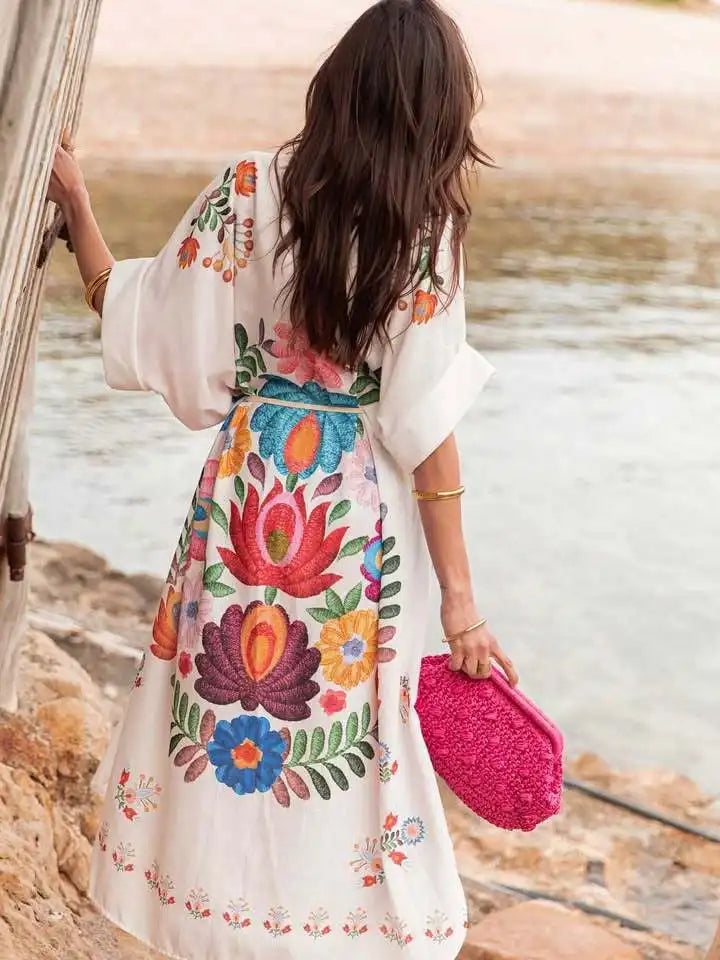 Bohemian Printed Lace-Up Loose-Fit Midi Dress for Women