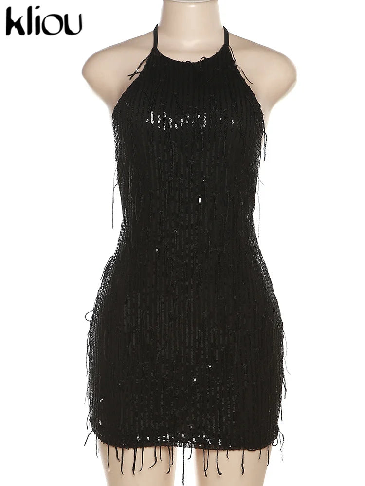 Shiny Tassel Halter Backless Mini Party Dress for Women