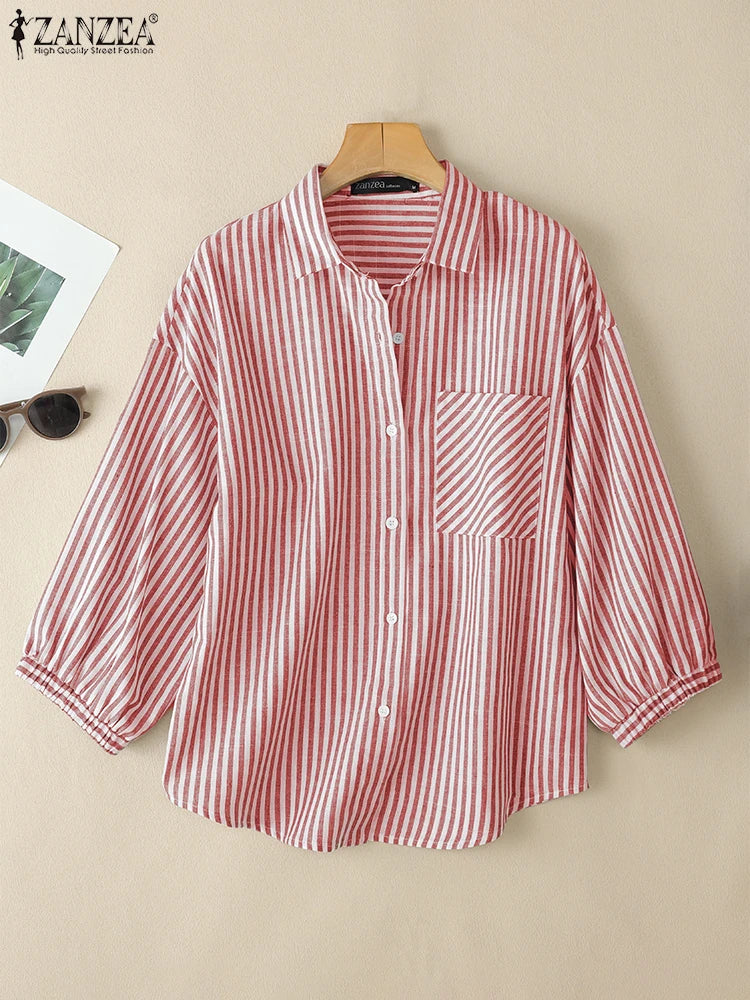ZANZEA Women Casual Striped Shirts 2025 Summer 3/4 Lantern Sleeves Turn-Down Collar Chemises Femme Commute Office Work Tops