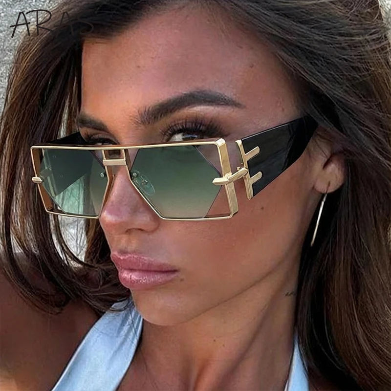Vintage Hollow Metal Frame Rectangle Sunglasses for Women