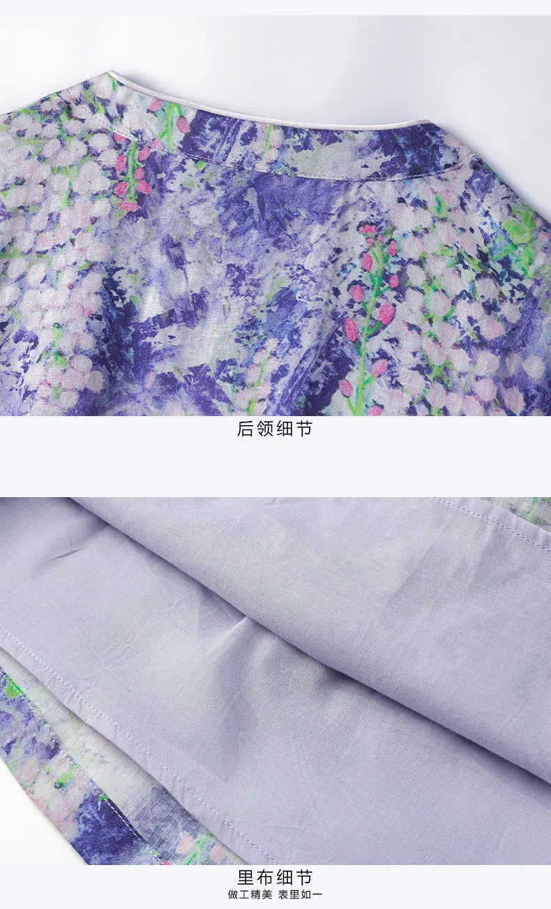 Casual Mandarin Collar Vintage Print Ramie Dress for Women