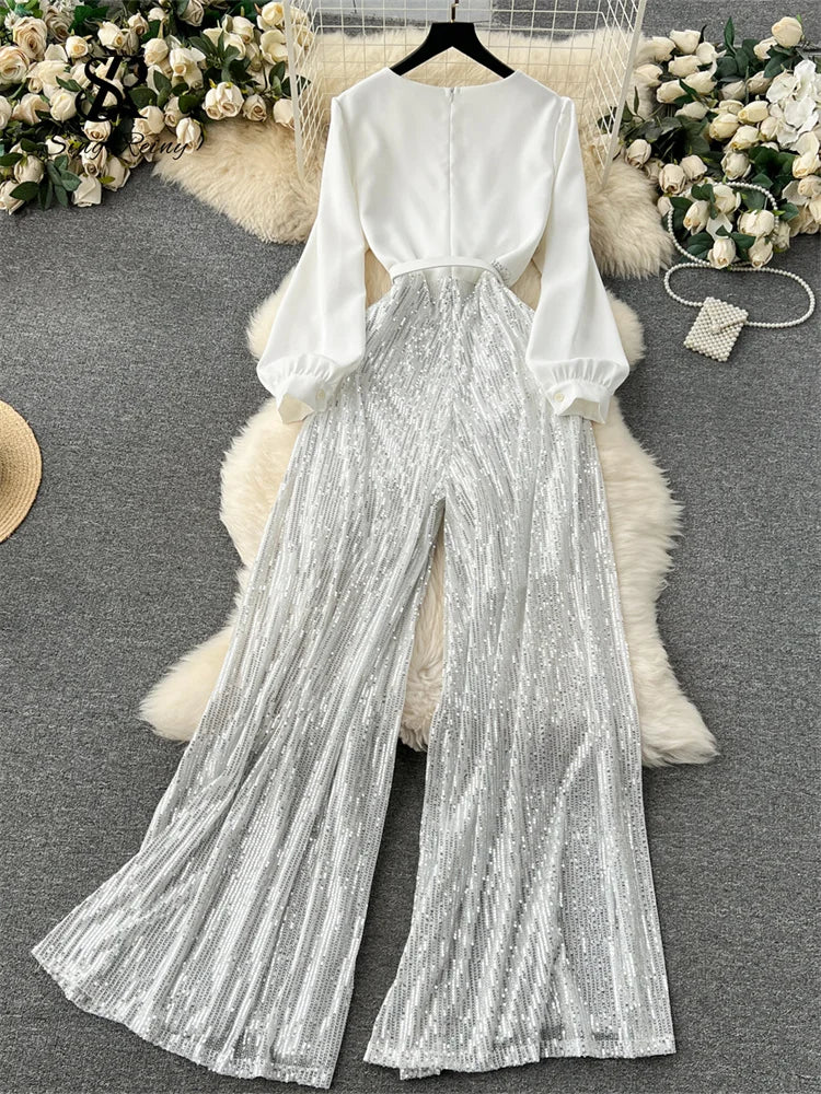 Sequined Patchwork V Neck Wide Leg Jumpsuit for Women