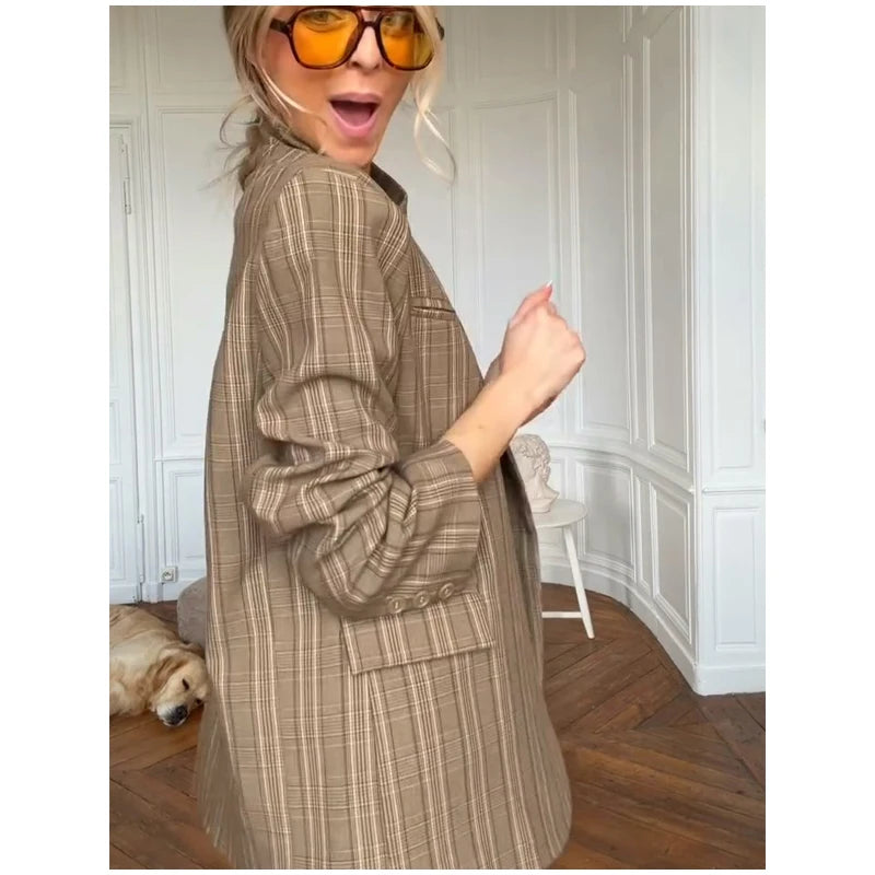 Vintage Plaid Lapel Blazer and Shorts Set for Women