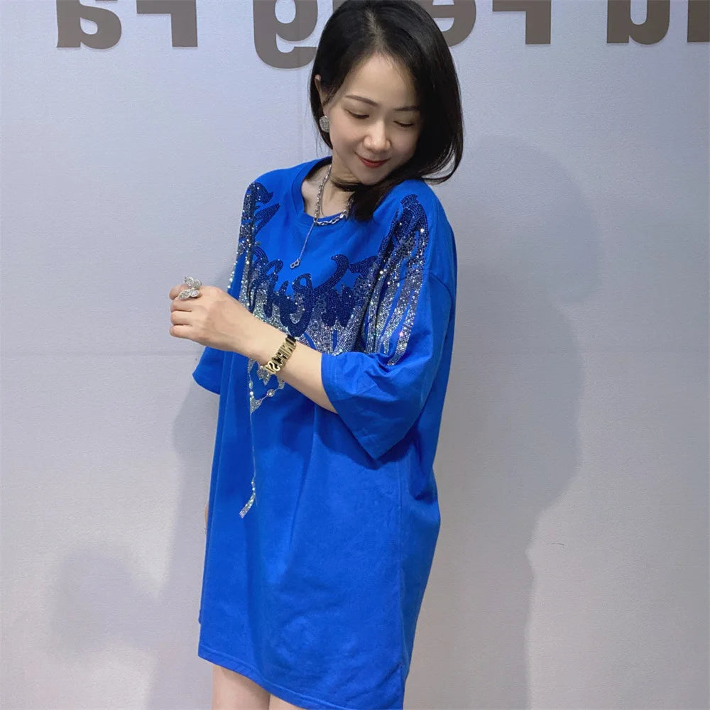 Streetwear New Spring Summer Women Short Sleeve T-shirt Hot Diamonds Wings Mid-long Oversize Pullover Trendy Couple Cotton Tees