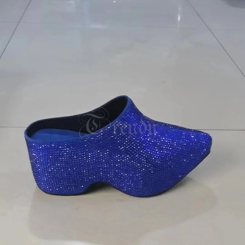 Black Mirror Leather Pointed Toe Crystal Slingback Mules For Women