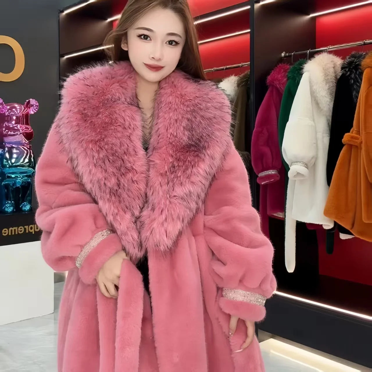 Faux Fur Coat for Women,Turn-down Collar,Loose Thicken Warm Jacket,Female Clothes,Adjustable Waist,New ,Winter