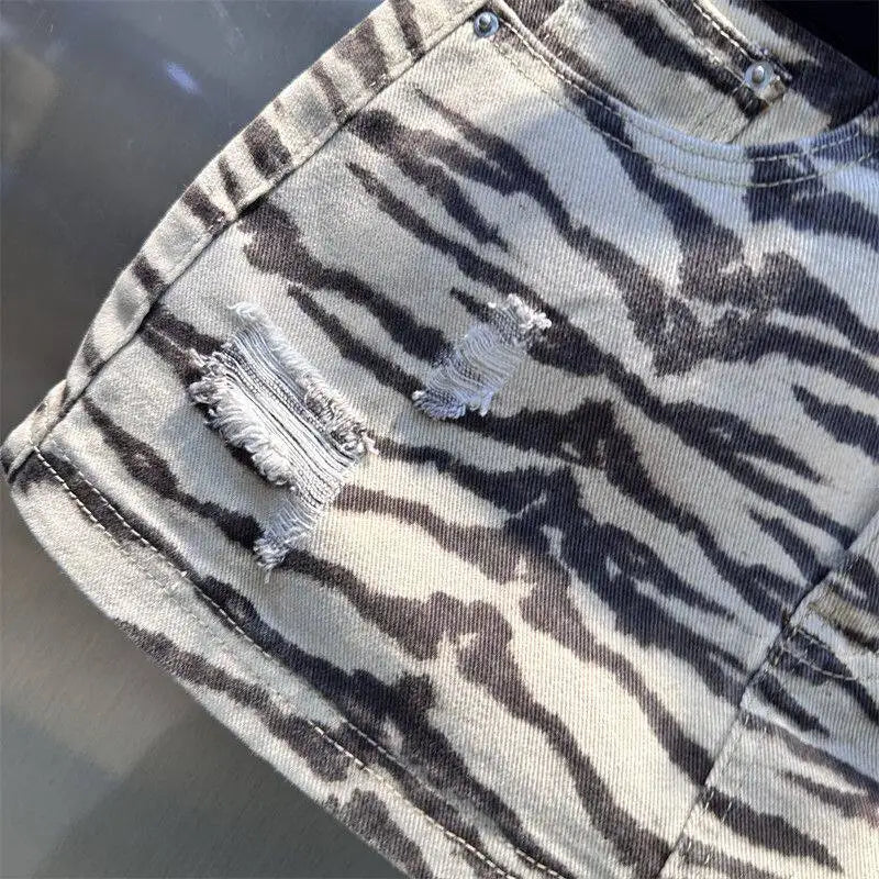 Retro High Waist Zebra Print Denim Mini Skirt For Women