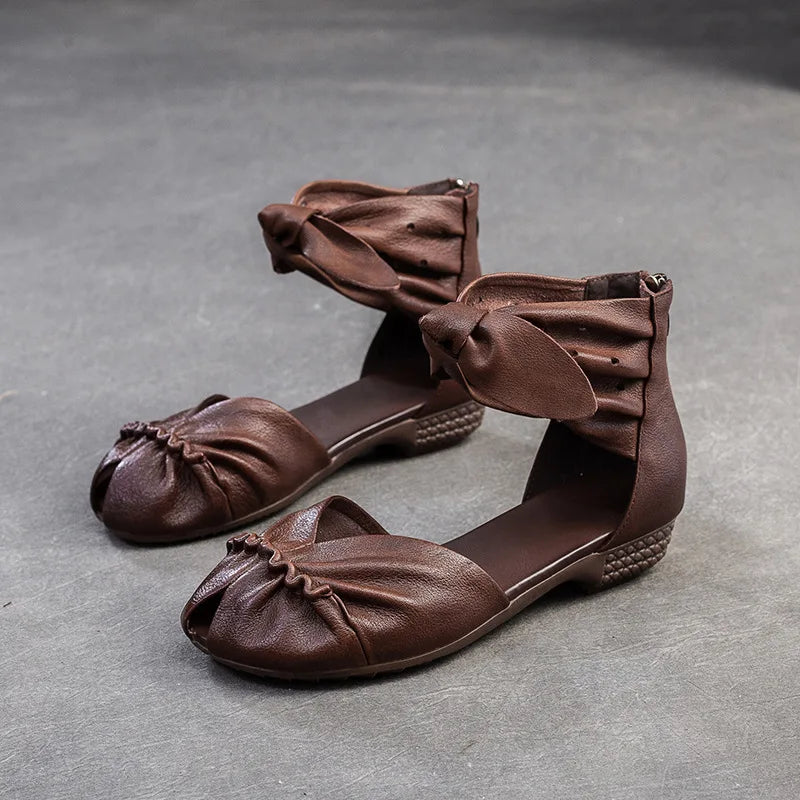 Genuine Leather Breathable Low Heel Peep Toe Sandals for Women