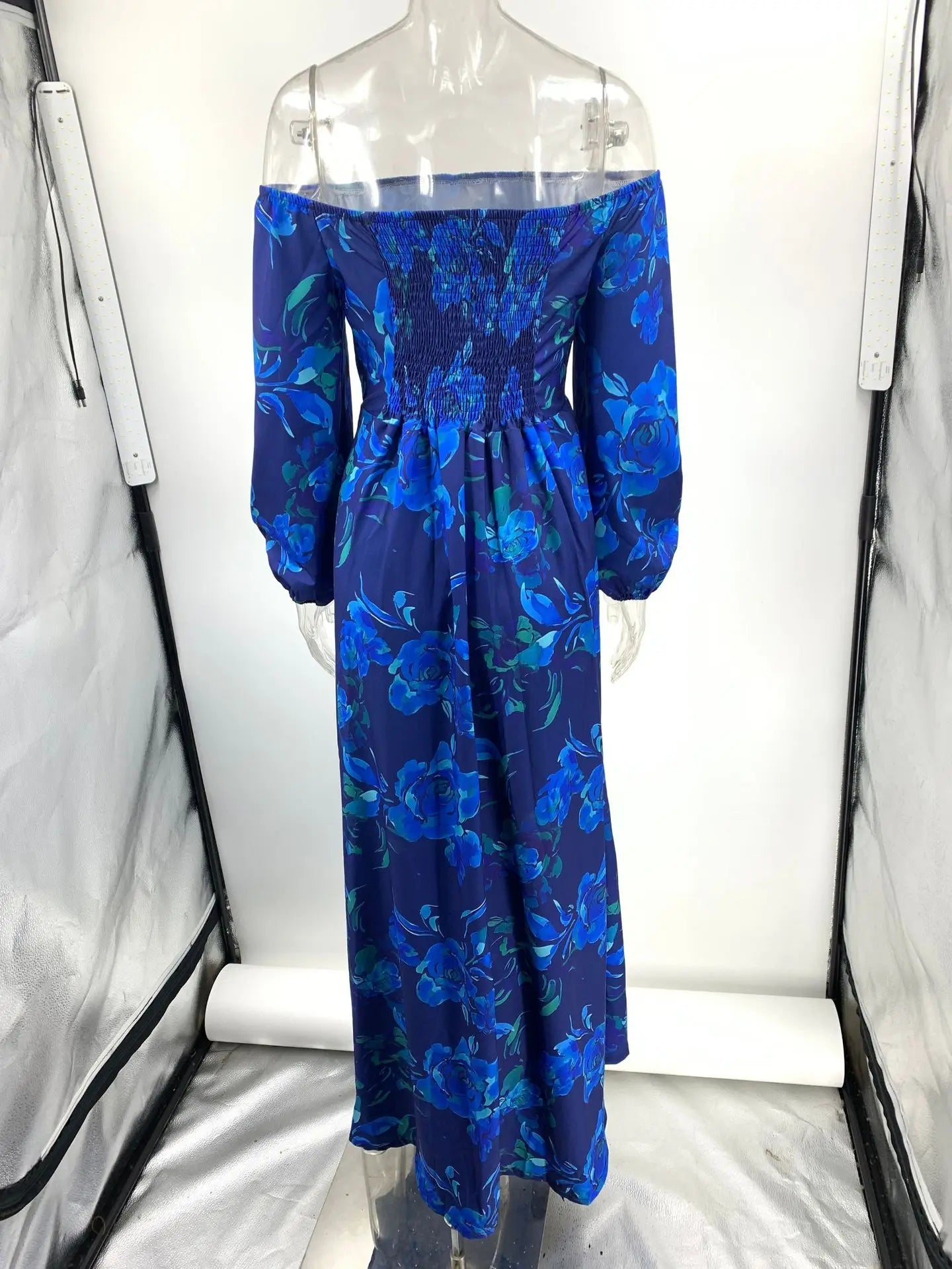 Vintage Pattern Print Long Dress Women Sexy Off Shoulder Long Sleeve Party Dress Fashion Waist Pleat Loose Hem Beach Dress