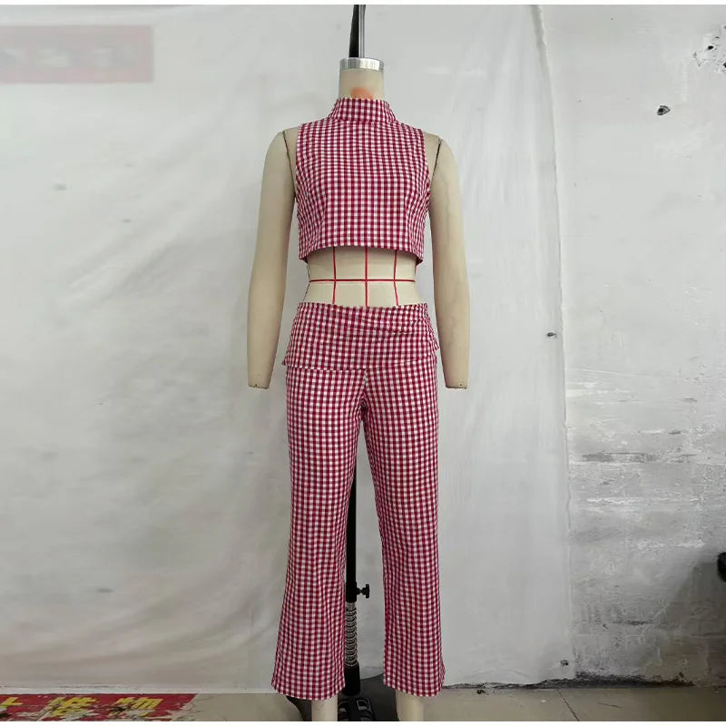 Casual Plaid Vest And Pleated Pants Set Beachwear for Women