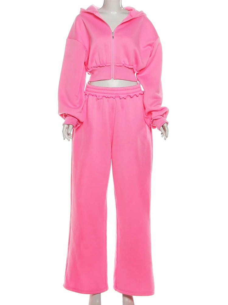 Patchwork Zip Hooded Crop Tracksuit Set