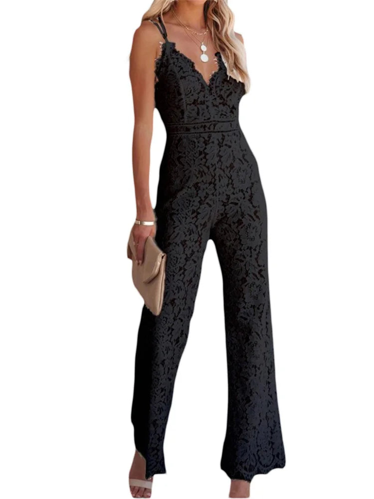 Elegant Lace Spaghetti Strap V Neck Wide Leg Jumpsuit for Women
