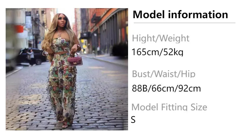 Floral Print Strapless Knitted Two Piece Cargo Pants Set for Women