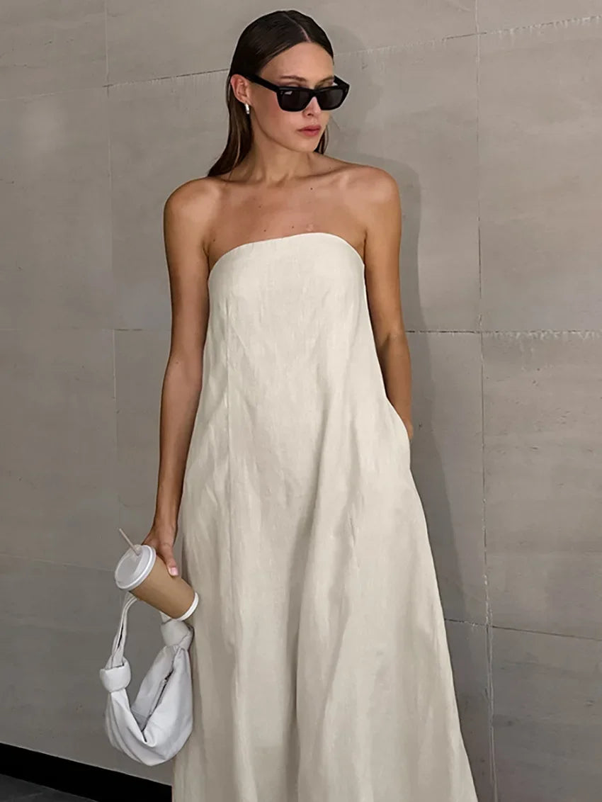 Solid Color Strapless Sleeveless Pocket Dress for Women