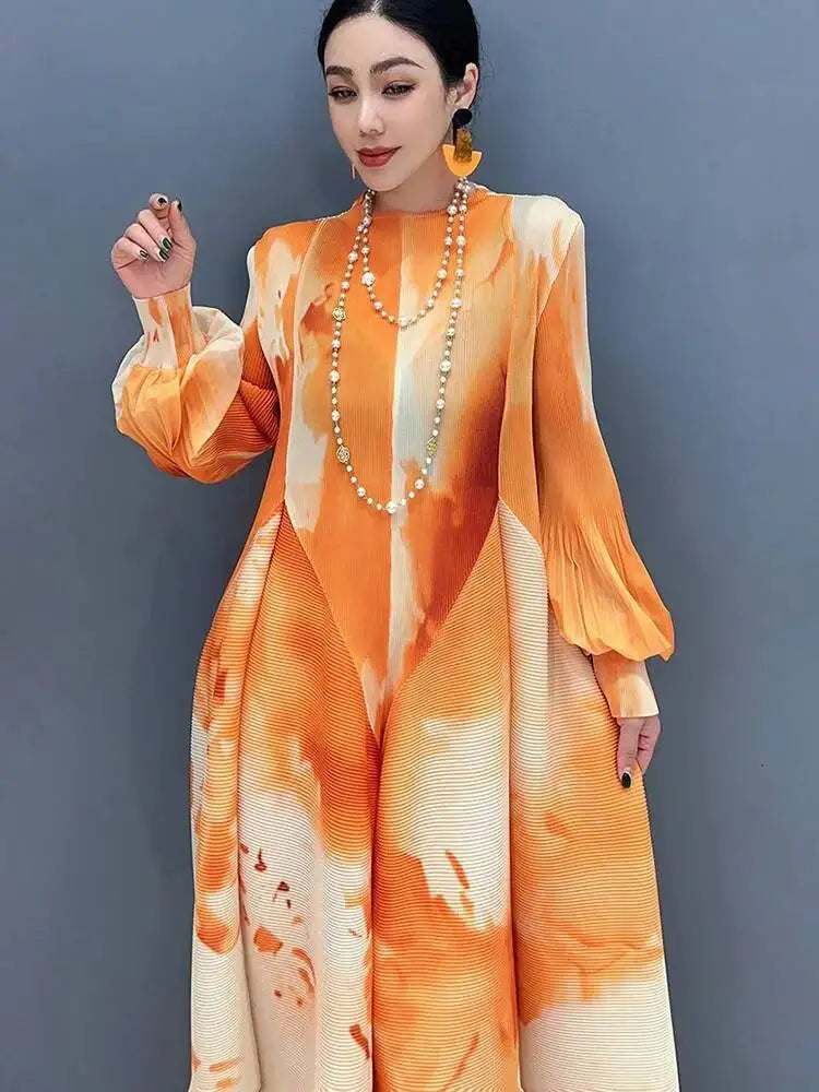 Printed Chiffon Ankle Length Dress With Bubble Sleeves for Women