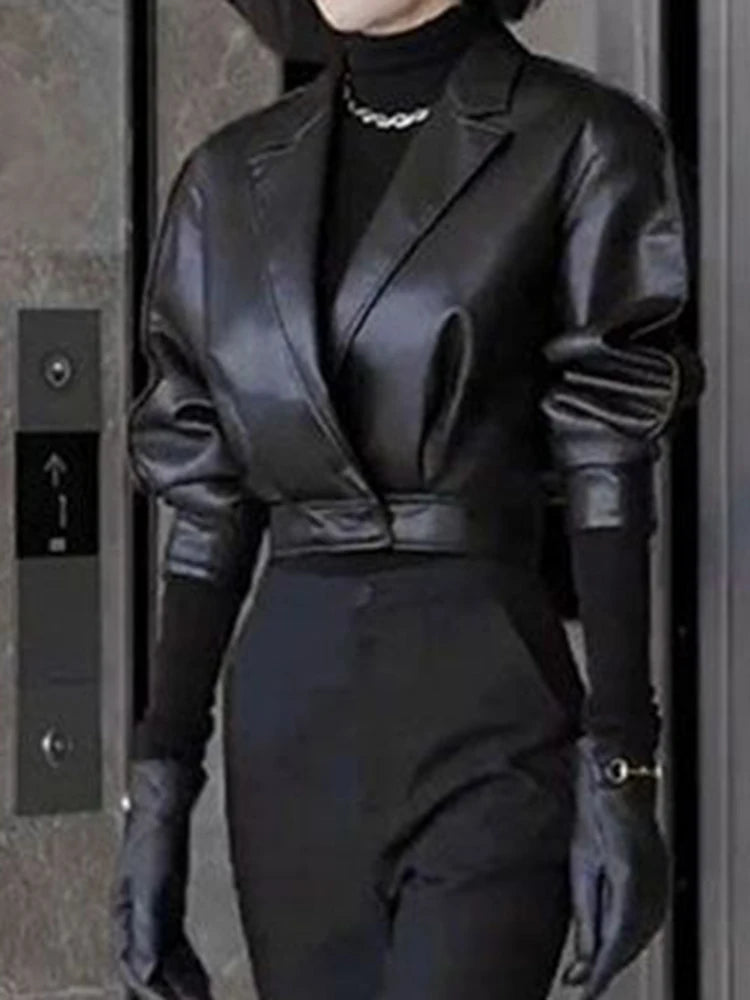 Trendy Faux Leather Blazer And Flared Pants Set For Women