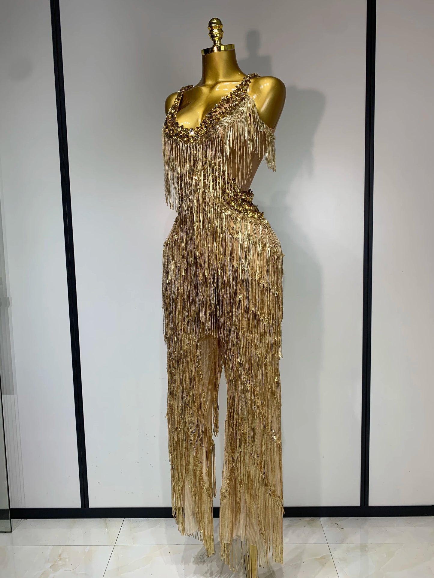 Gold Rhinestones Fringe Jumpsuit