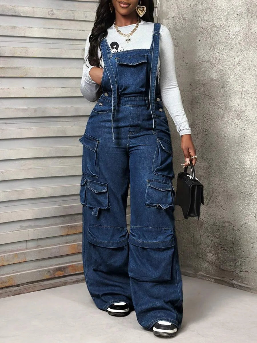 Patchwork Denim Jumpsuit with Spaghetti Straps for Women