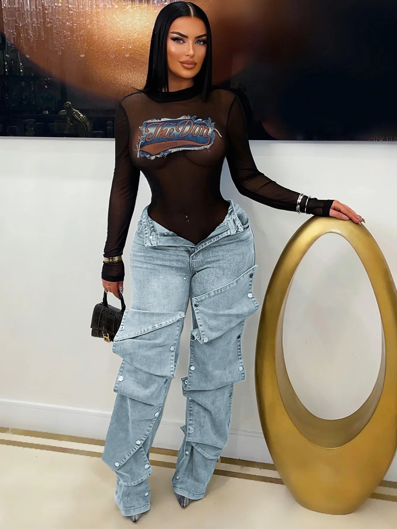 Classic Blue High Waist Straight Cargo Pants for Women