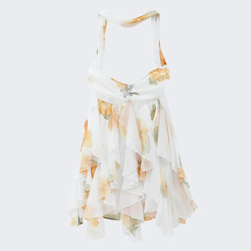 Sexy Ruffle Printed Backless Mini Dresses Lady Chic Sleeveless Off Shouder Pleated Short Vestido 2025 Summer Party Beach Robe