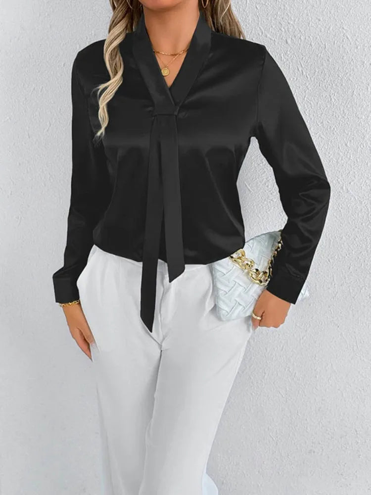 Bonboho 2026 New Women's Solid Color Silky Shirt V-neck Long Sleeves Elegant Blouse for Female Elegant Pullover Work Shirts