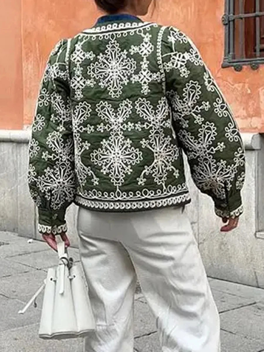 Women'S Retro Open Front Printed Embroidered Jacket, Lightweight Casual Long Sleeved Autumn Street Fashion Cardigan