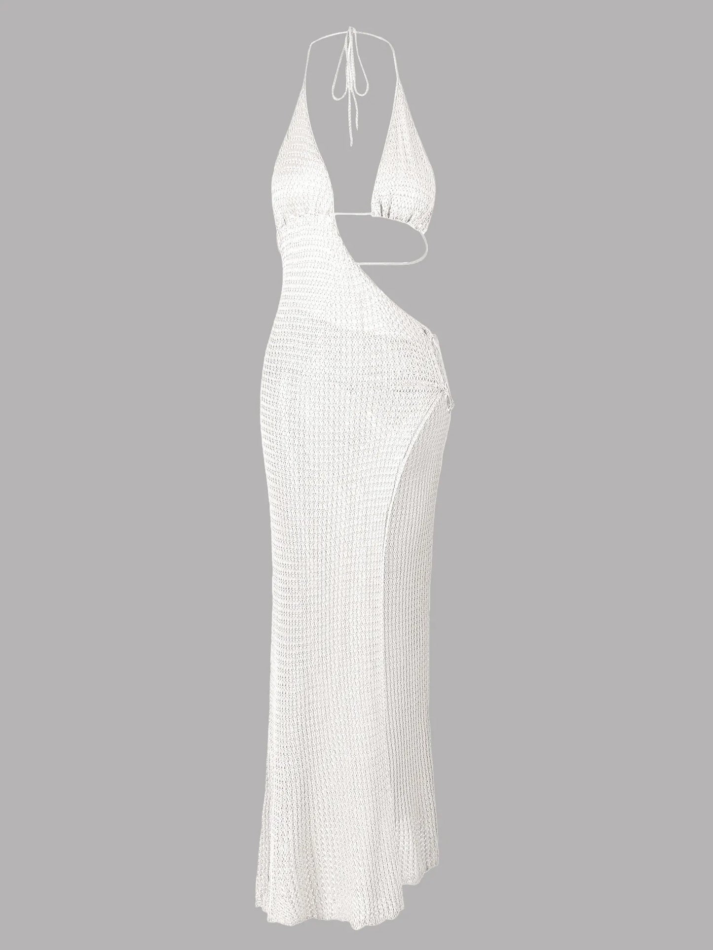 Sexy Slim Low-cut Tie Knit Halter Cut Out Circle Decoration High Slit Beach Maxi Dress 2025 Women Summer Swimsuit Cover Up K88