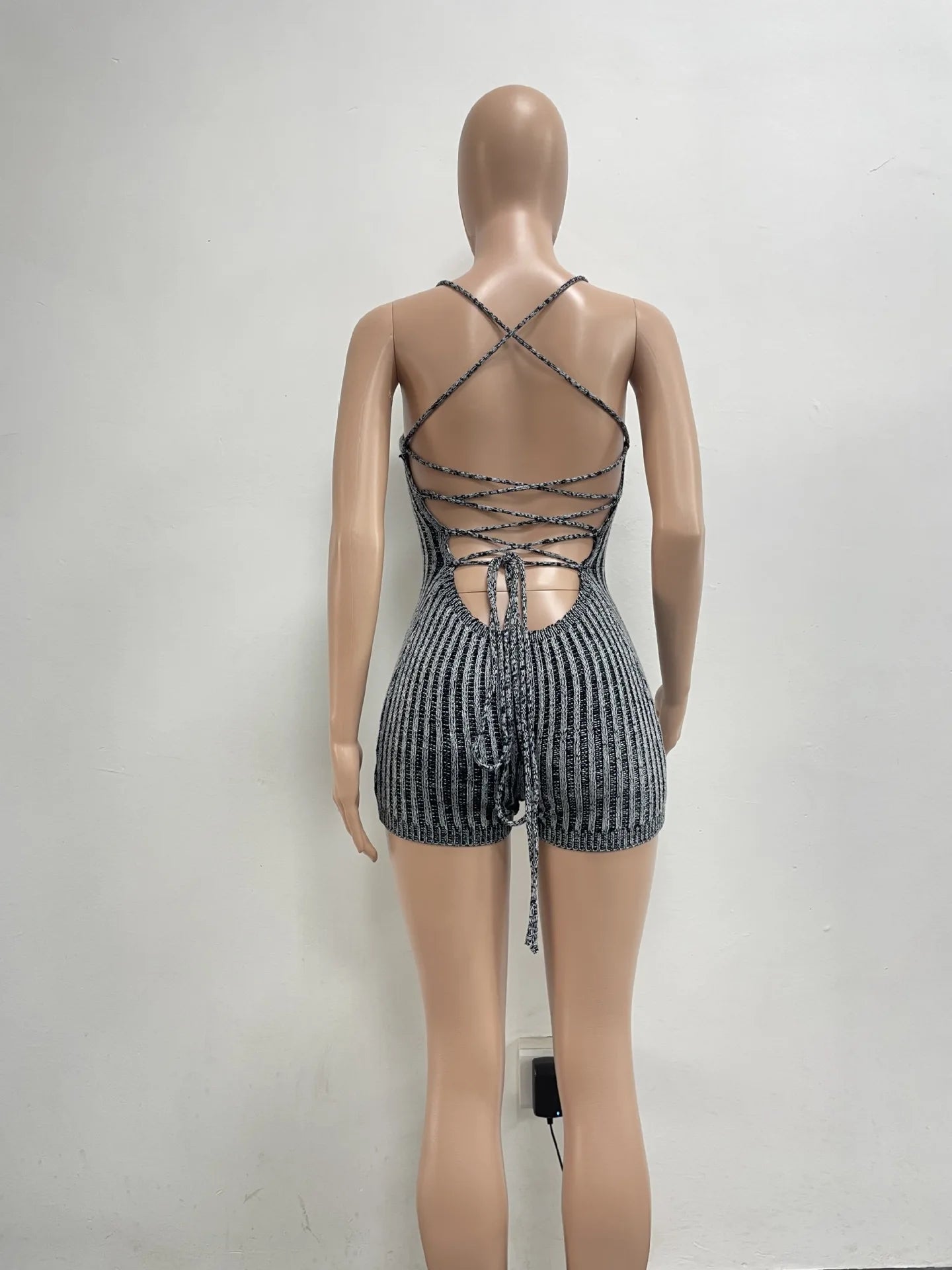 Backless Striped Knitted Sporty Playsuit for Women
