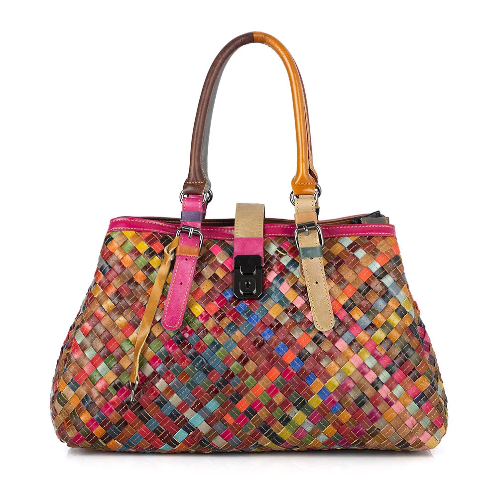 Woven tote bag, genuine leather, women's bag, cowhide, colorful retro casual buckle, women's hand-held multi-layer crossbody bag