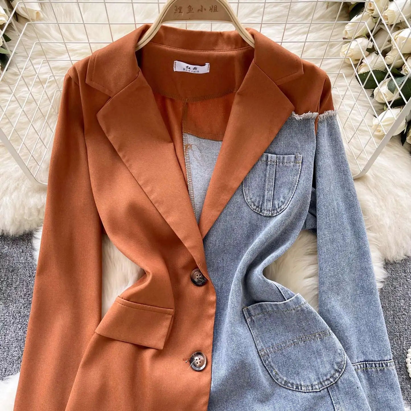 ANJY Autumn New Women Vintage Streetwear Ins Stylish Denim Patchwork Single Breasted Coat Casual Elegant Asymmetric Blazer A8421