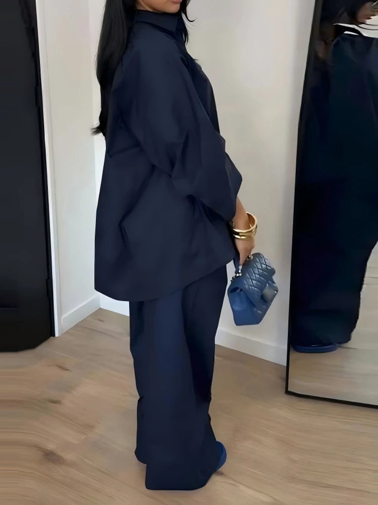 Casual Long Sleeve Shirt and Pants Two Piece Set for Women