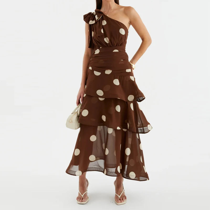 Elegant Polka Dot Ruffle Draped Maxi Dress for Women