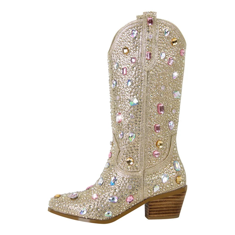Rhinestone Knee High Cowgirl Boots With Chunky Heels for Women