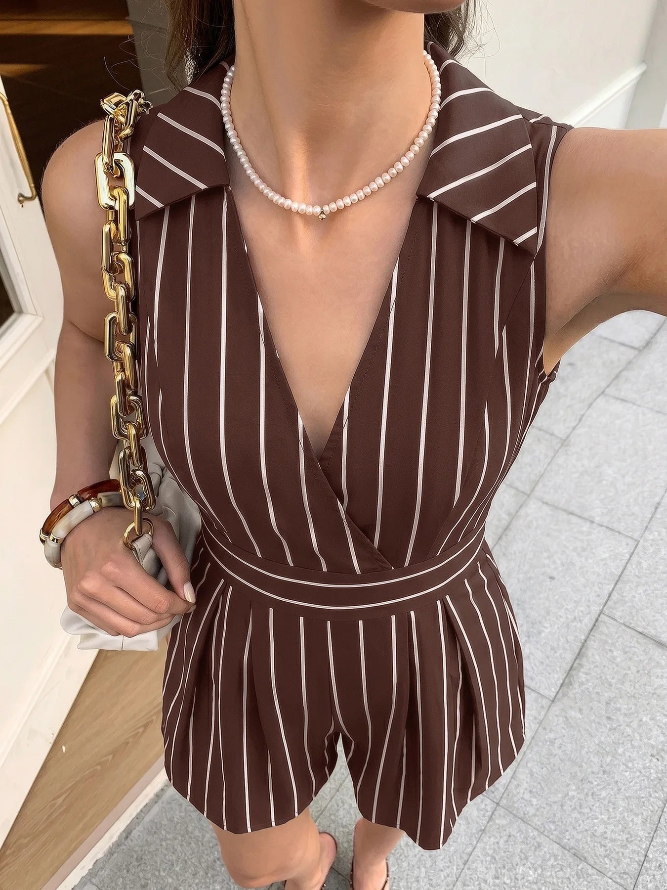 Striped Sleeveless Lapel V Neck High Waist Romper Shorts for Women