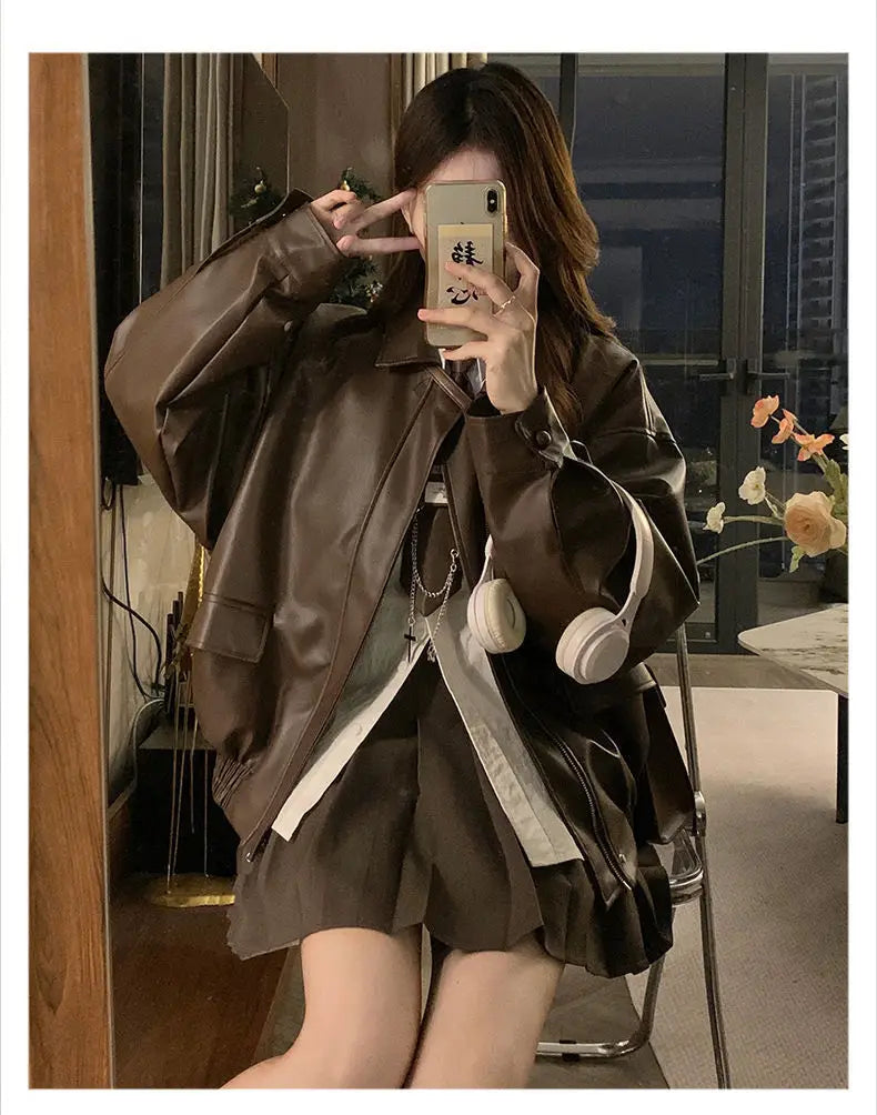 Short American Retro PU Leather Baseball Jacket for Women