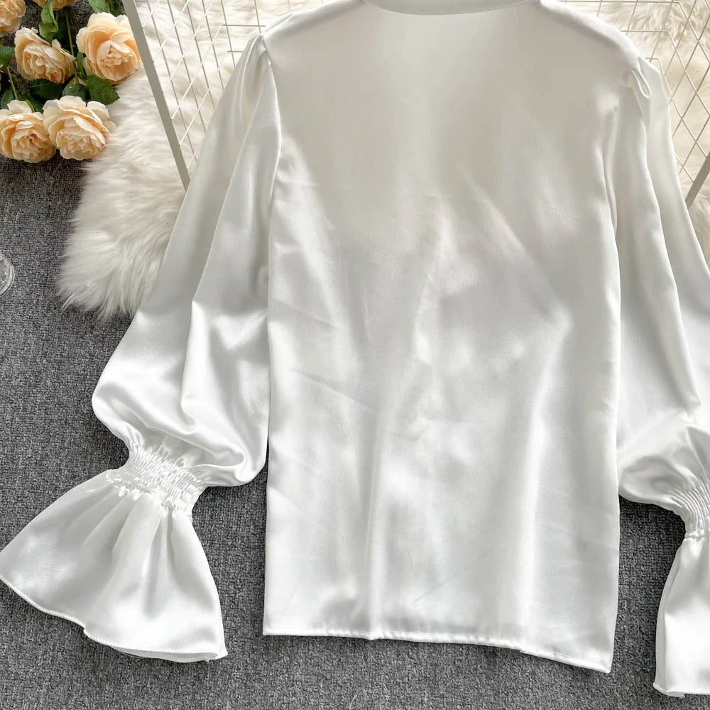 Elegant Satin Ruffle Long Sleeve Blouse for Women