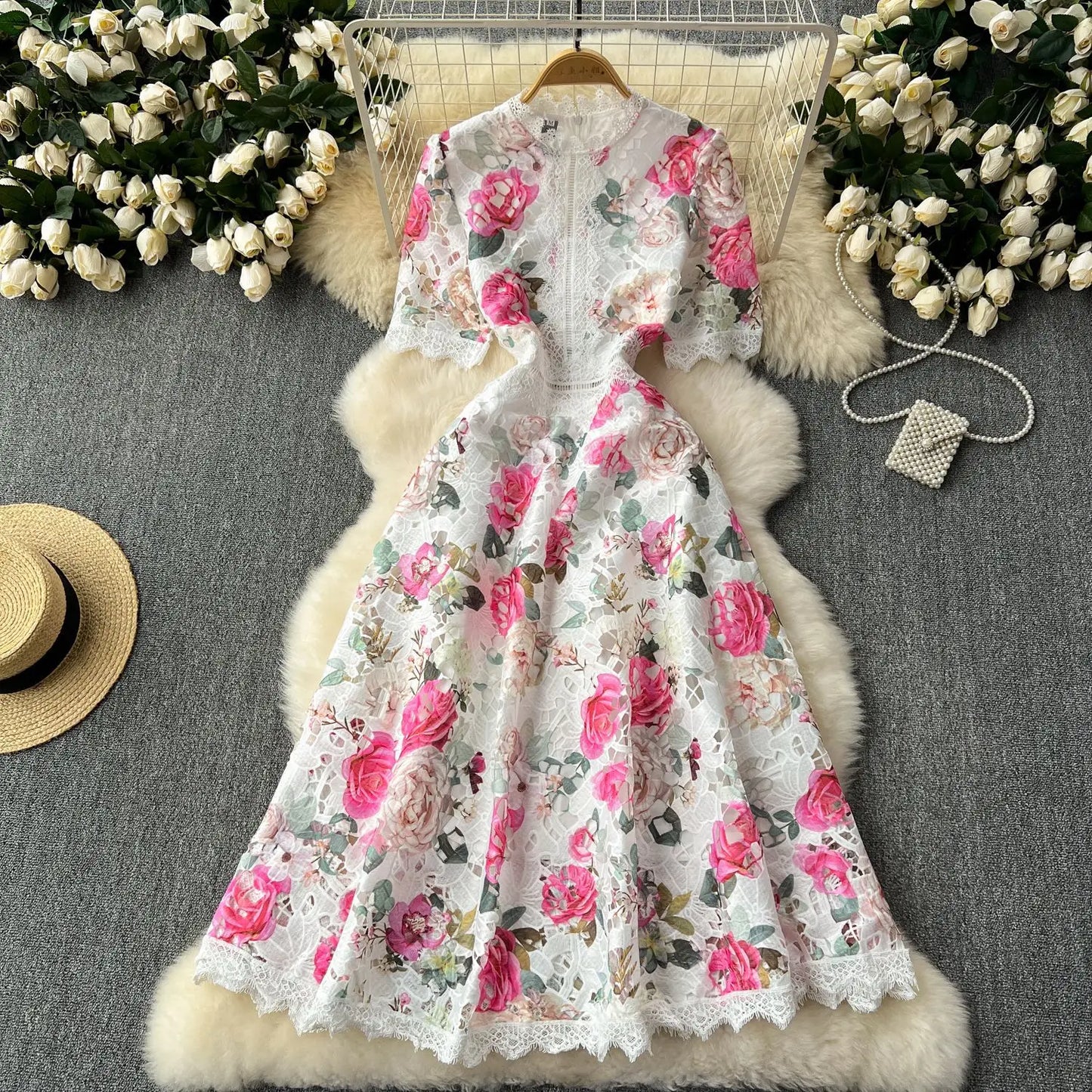 Elegant French Style Vintage Lace Printed Dress for Women