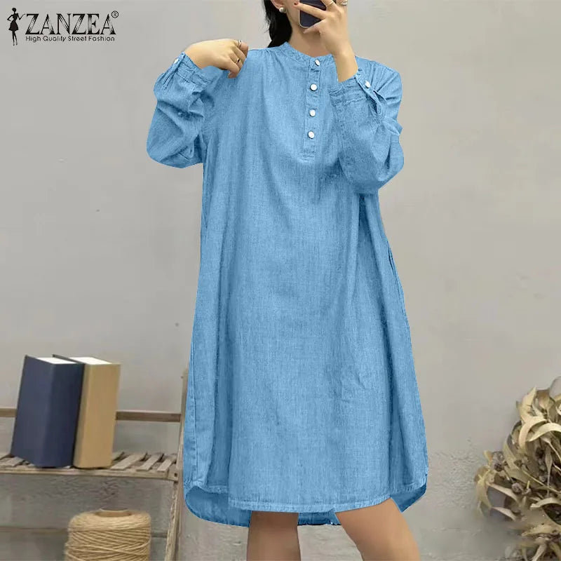ZANZEA Women Shirt Dress Fashion Stand Collar Buttons Robes Casual Loose Long Sleeve Mini Dress Autumn Vintage Pocket Vestidos