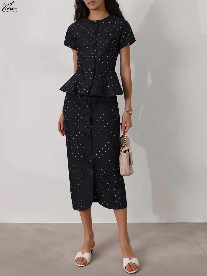 Oymimi Fashion Black Print Two Piece Outfits Woman Elegant Short Sleeve Button Blouses And High Waisted Slim Mid-Calf Skirt Sets