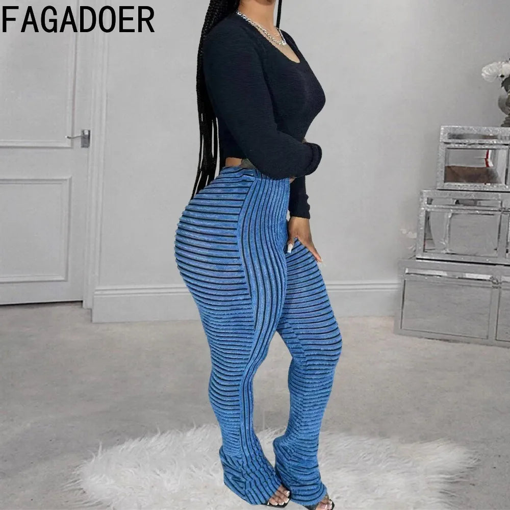 FAGADOER Stripe Plush Stacked Pants Women Casual Solid Color Fur Patchwork Flare Trousers Y2K Female Streetwear Bottoms 2025 New