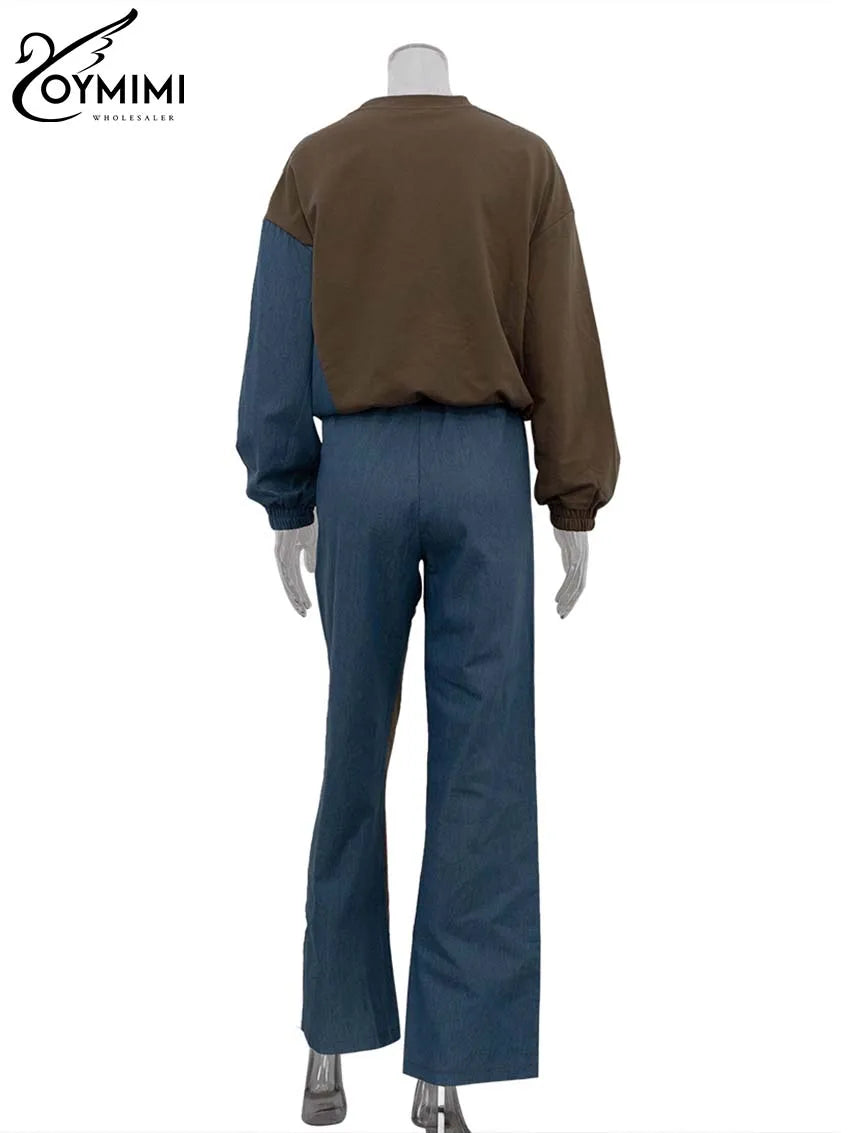 Oymimi Casual Blue Patchwork Sets For Women 2 Pieces O-Neck Long Sleeve Blouse And Drawstring Straight Sweatpants Set Streetwear