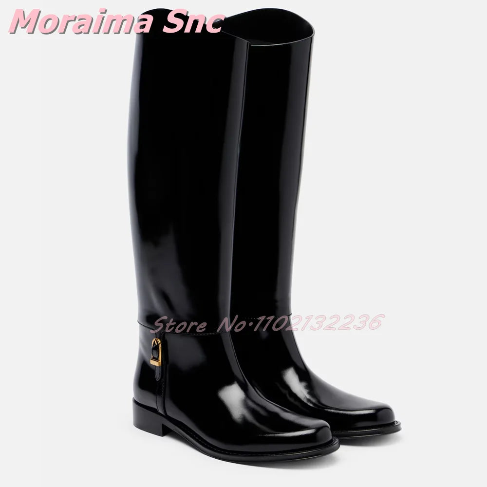 Elegant Patent Leather Round Toe Knee High Boots for Women