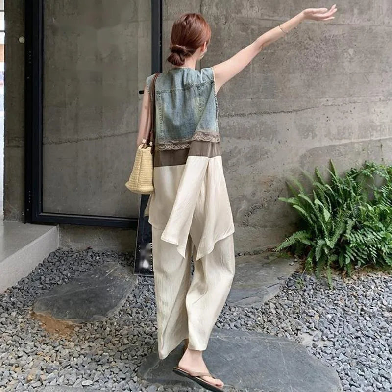 ANJY Summer New Women's High Street Fashion Unique Design Denim Patchwork Contrast Color Button Vest Casual Wide Leg Pants A7944
