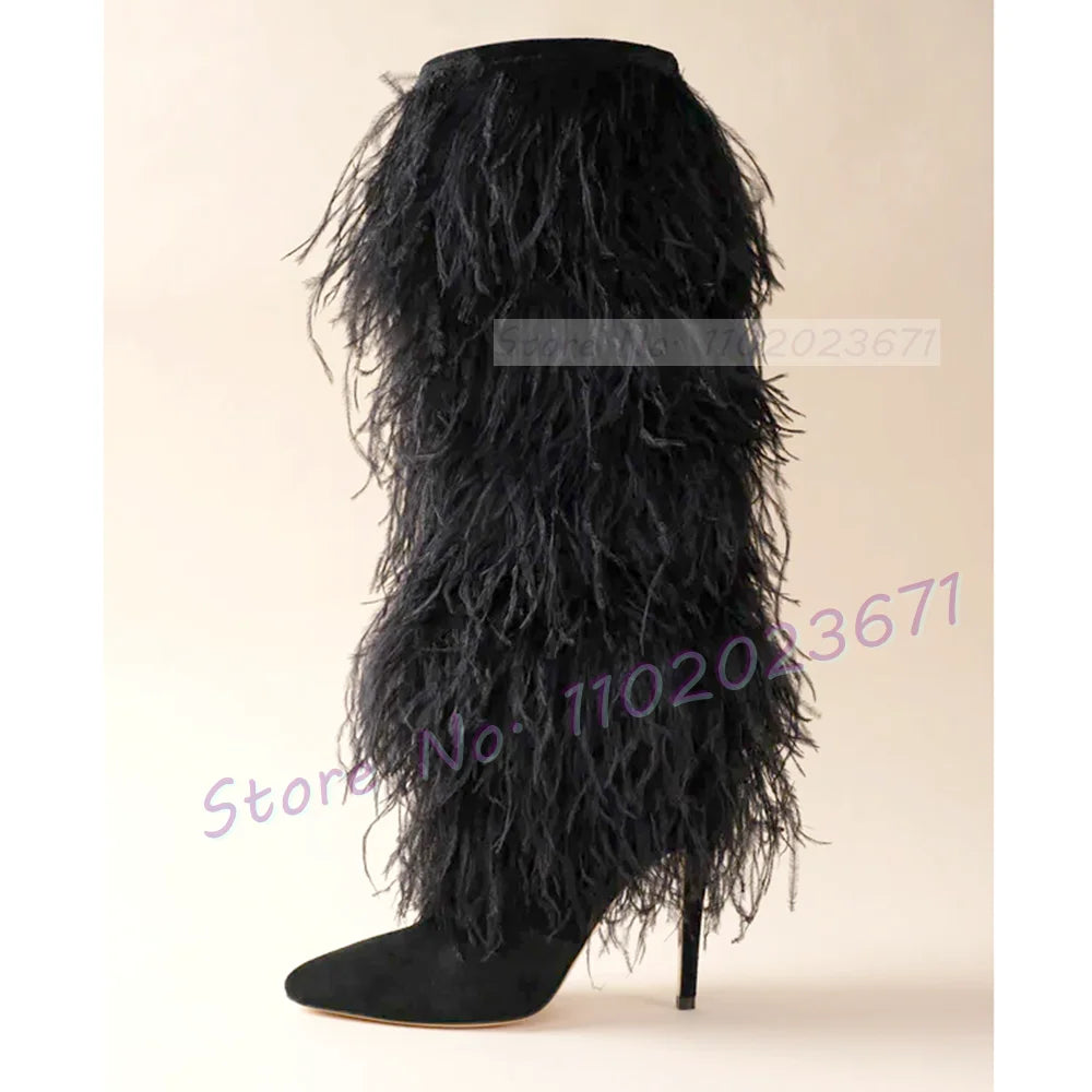 White Feather Pointed Toe Suede Side Zip Boots for Women
