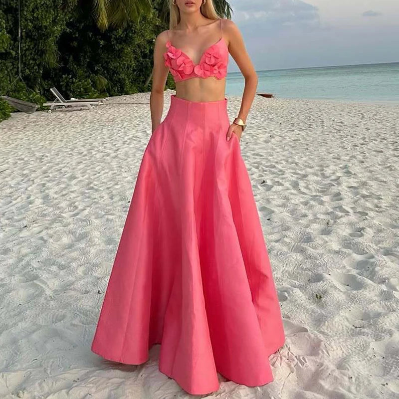 Pleated Hollow Out Crop Top And Long Skirt Set for Women