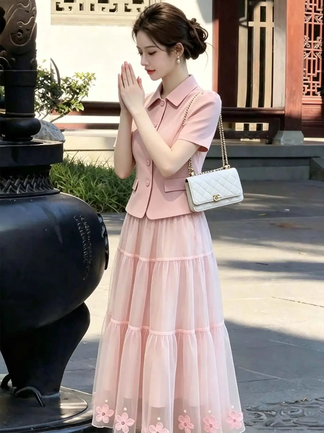 Elegant Pink Two Piece Blazer and Skirt Set for Women