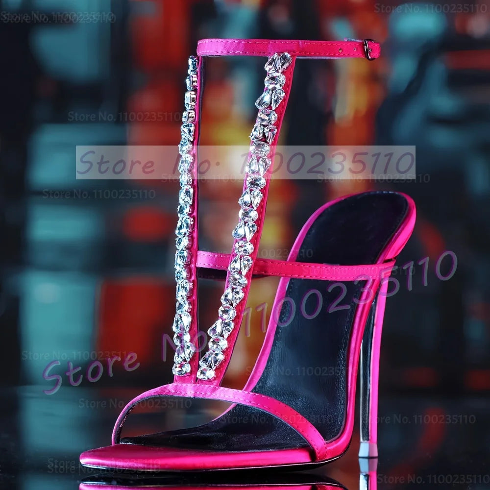 V-Design Crystal Upper Satin High Heels Sandals Women Luxury Fuchsia T Strap Shoes Ladies Sexy Party Ankle Strap Gems Sandals