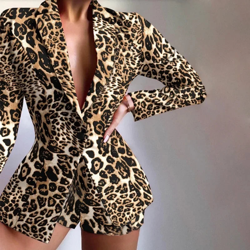 Shorts Suit 2 Piece Set for Womens Outifits 2024 Fall Winter Fashion Leopard Print Casual Long Sleeves Blazer Half Pants Suits