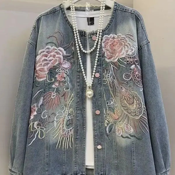 Lightweight Loose Embroidered Denim Jacket for Women